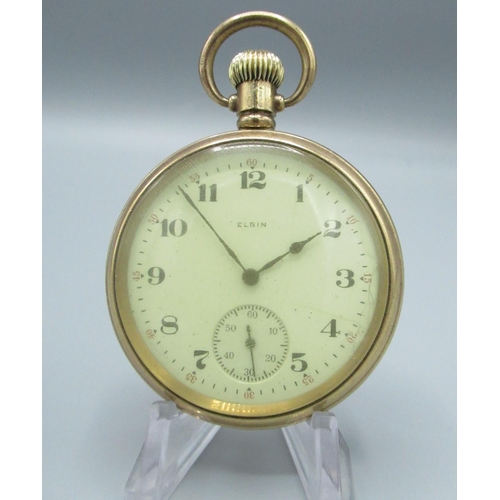 77 - Elgin early C20th rolled gold open face keyless wound and set pocket watch, signed white enamel Arab... 