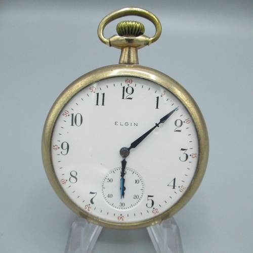 77 - Elgin early C20th rolled gold open face keyless wound and set pocket watch, signed white enamel Arab... 