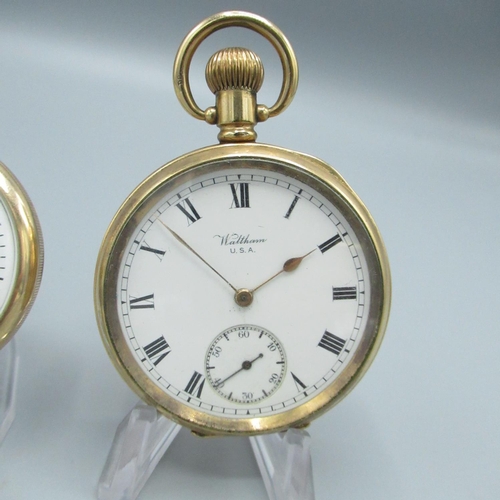 78 - Waltham Marquis early C20th rolled gold open face keyless wound and set pocket watch, signed white e... 