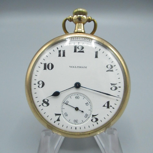 78 - Waltham Marquis early C20th rolled gold open face keyless wound and set pocket watch, signed white e... 