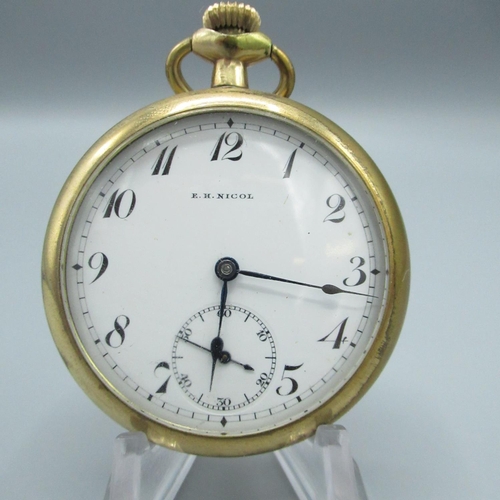 80 - Omega retailed by E. H. Nichol, c20th rolled gold open faced keyless wound and set pocket watch, sig... 