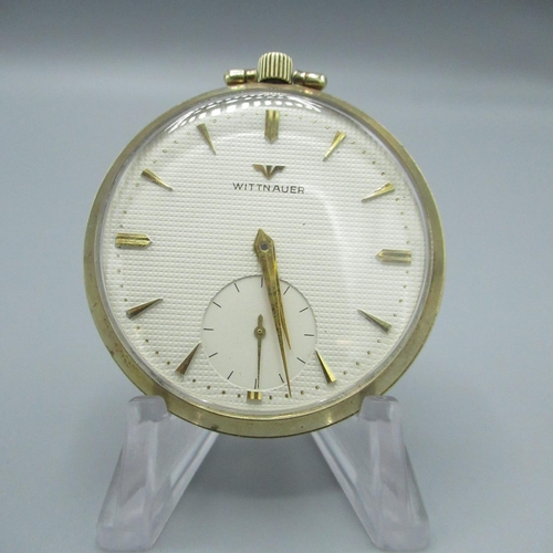 81 - Wittnauer rolled gold open face keyless wound and set pocket watch, with textured cream dial, with a... 