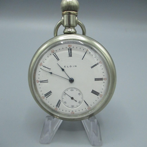 83 - Elgin nickel semi-hermetic case keyless wound and set open faced pocket watch(for repair) Swiss, lat... 