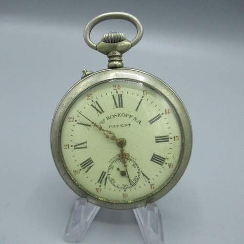 86 - Louis Roskopf late C19th nickel open face keyless wound and pin set pocket watch, with signed Roman ... 