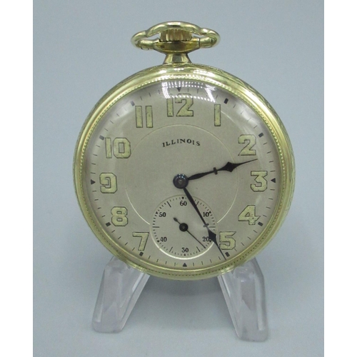 96 - Illinois Watch Co. rolled gold open face keyless wound and set pocket watch, with signed silvered Ar... 