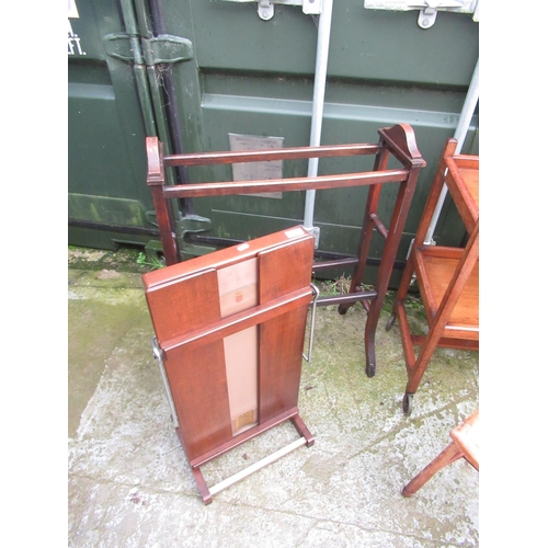 356 - Early C20th mahogany towel rail on outsplayed legs, mahogany two tier trolley, beech string top stoo... 