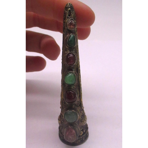 10 - C20th Chinese silver pierced fingernail guard, set with jade and other hard stones, mounted as a bro... 