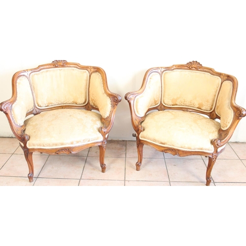 1230 - Late C19th Louis XV style walnut salon suite comprising two seater canape with scrolled frame and sh... 