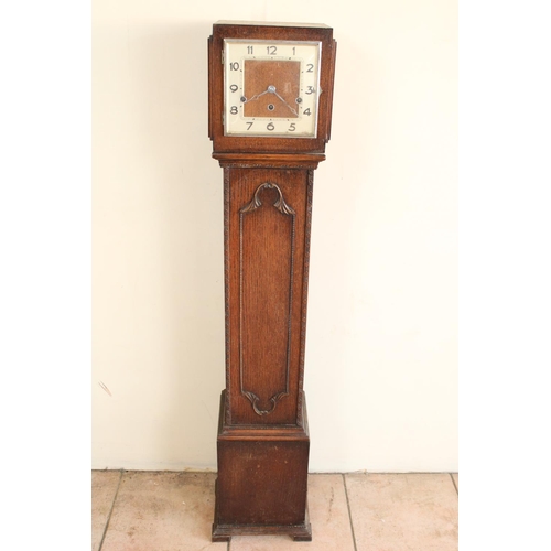 1236 - Art Deco oak cased Grandmother clock, silvered Arabic dial with three train movement, H126cm