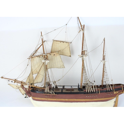 1276 - C20th hand built wooden model of a three masted schooner, L73cm, H65cm