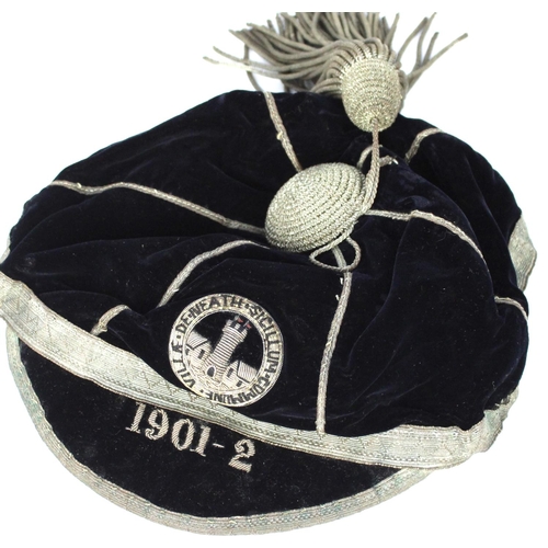 1278 - C20th velvet and silver bullion thread school or sports cap with woven crest in Latin for Neath, Sou... 