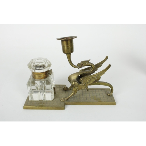 1280 - C19th brass inkstand inkwell with griffon candlestick, treen acorn thimble holder, Mauchline needle ... 