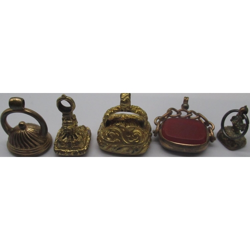 30 - Four Victorian and later seal fobs, two set with coloured stones, one set with intaglio portrait, th... 
