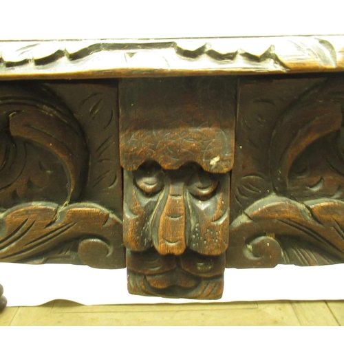 363 - Victorian carved oak side table, with two scroll carved frieze drawers, on bobbin turn supports, W12... 