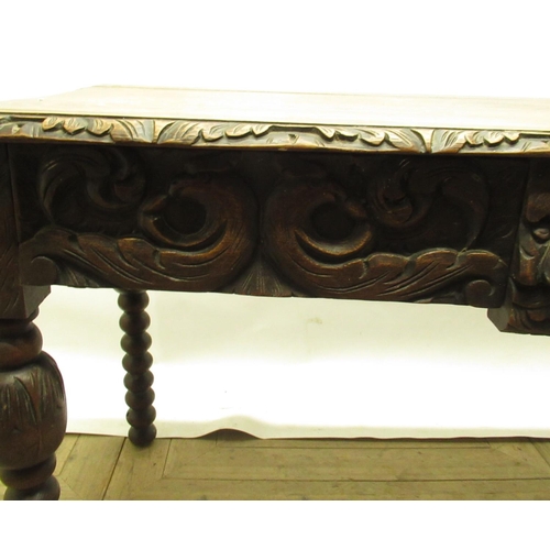 363 - Victorian carved oak side table, with two scroll carved frieze drawers, on bobbin turn supports, W12... 