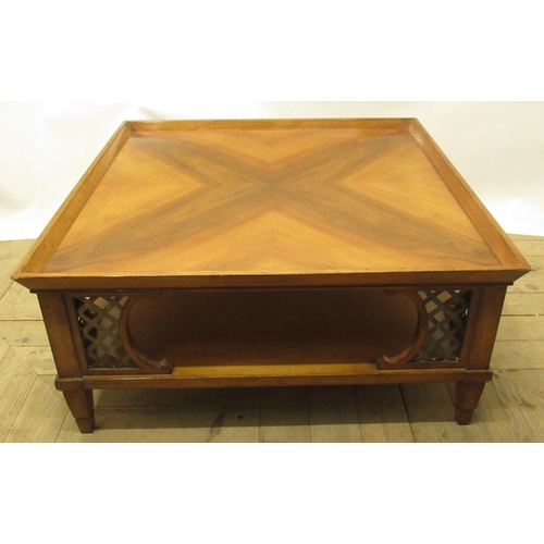 446 - Late C20th oriental hardwood low line coffee table with quarter veneer top and under tier, W84cm H39... 