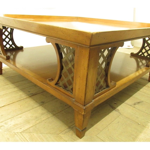 446 - Late C20th oriental hardwood low line coffee table with quarter veneer top and under tier, W84cm H39... 