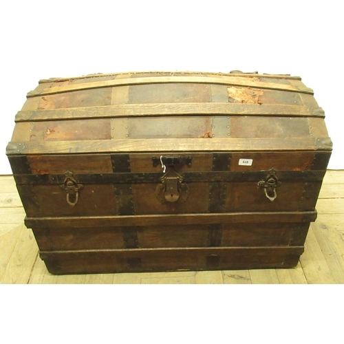 448 - C19th dome topped metal bound trunk, with lift out tray, W93cm D53.5cm H60cm