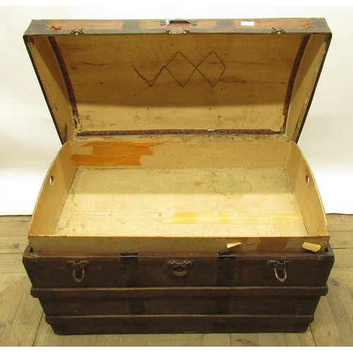 448 - C19th dome topped metal bound trunk, with lift out tray, W93cm D53.5cm H60cm