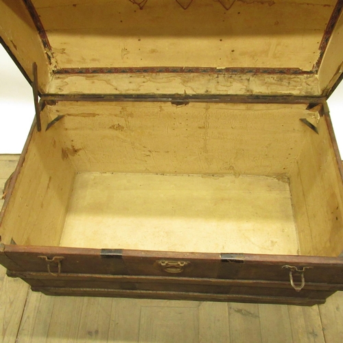 448 - C19th dome topped metal bound trunk, with lift out tray, W93cm D53.5cm H60cm