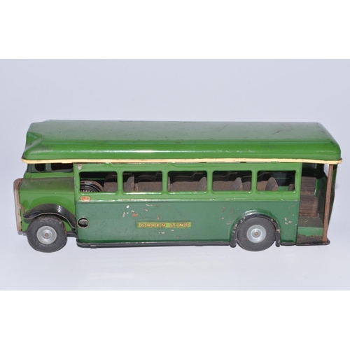 1291 - Vintage tinplate Tri-Ang Minic Greenline single deck clockwork bus model, tested and in fair working... 