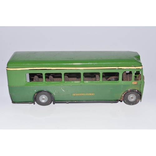 1291 - Vintage tinplate Tri-Ang Minic Greenline single deck clockwork bus model, tested and in fair working... 