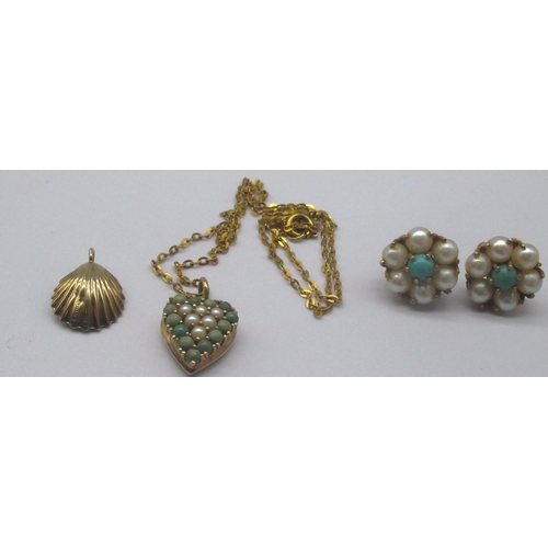 1262 - 9ct yellow gold cluster earrings set with turquoise and pearls, stamped 9ct, a 9ct yellow gold penda... 