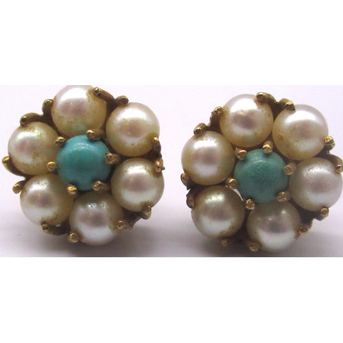 1262 - 9ct yellow gold cluster earrings set with turquoise and pearls, stamped 9ct, a 9ct yellow gold penda... 