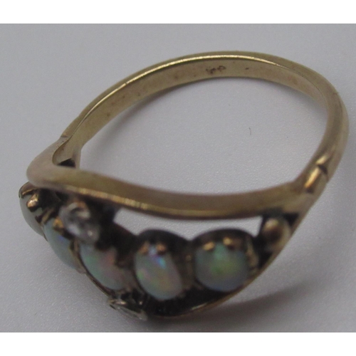 1263 - Unmarked yellow metal ring set with opals and diamonds, size P1/2, a single 9ct yellow gold earring ... 