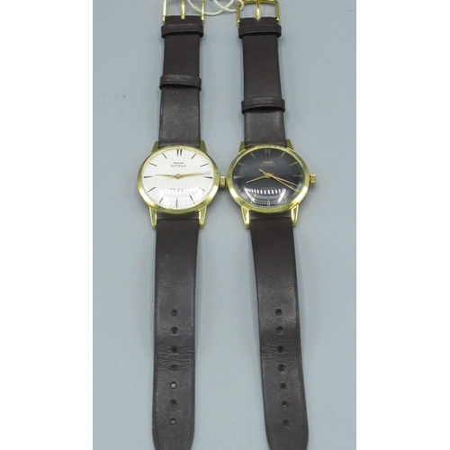 118 - Two HMT Sona gold plated hand wound wristwatches, one with a textured cream dial with applied baton ... 