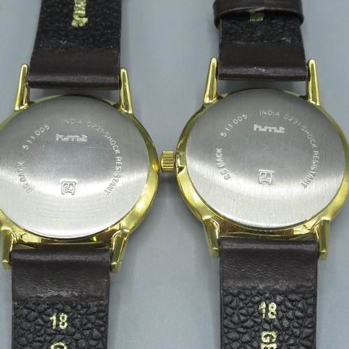 118 - Two HMT Sona gold plated hand wound wristwatches, one with a textured cream dial with applied baton ... 