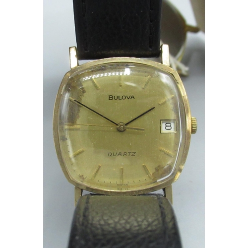 607 - Bulova hand wound wristwatch with signed dial, gold plated cushion case, with snap on stainless stee... 