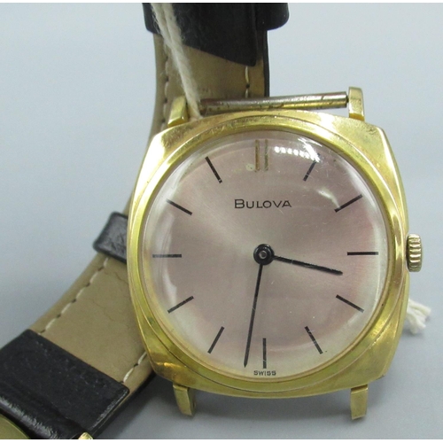 607 - Bulova hand wound wristwatch with signed dial, gold plated cushion case, with snap on stainless stee... 