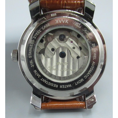 608 - Vaan Konrad automatic wristwatch with day date year, stainless steel case with screw off display cas... 