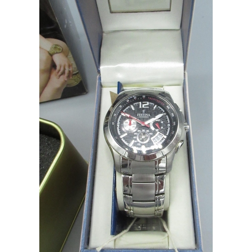 609 - Festina quartz chronograph wristwatch with date, stainless steel case on matching bracelet, stainles... 