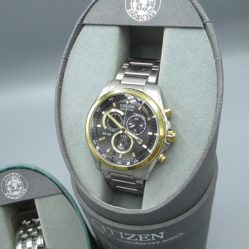 611 - Citizen Eco-Drive chronograph wristwatch with day, gold plated and stainless steel case on matching ... 