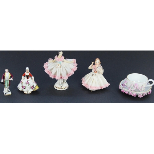 1348 - Small selection of German porcelain miniatures, to include Meissen floral enrecusted cabinet cup and... 