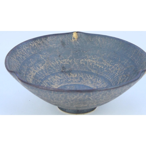 1353 - Studio Pottery bowl with a crackled gilt wash over brown ground and triple crimped edge, W15cm