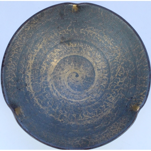 1353 - Studio Pottery bowl with a crackled gilt wash over brown ground and triple crimped edge, W15cm