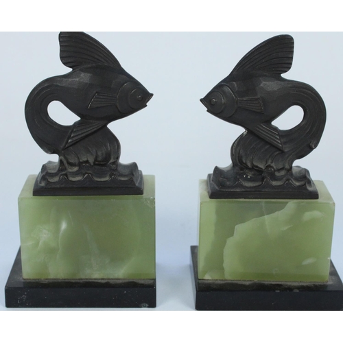 1355 - Pair of c1920s continental Art Deco book ends or clock garniture ends in the form of bronze fish on ... 