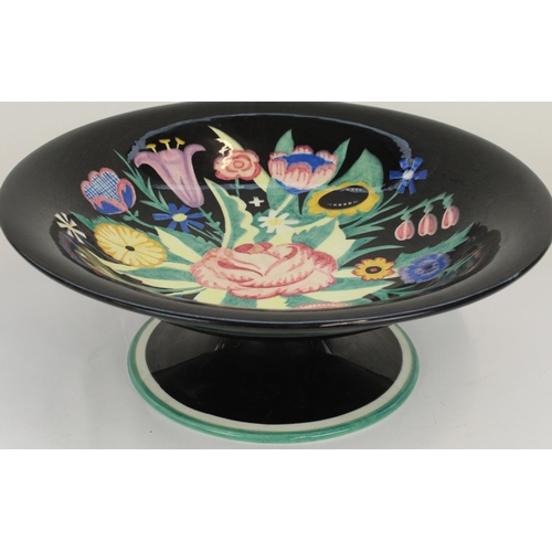 1364 - 1930s Lenci Art Deco pedestal fruit bowl decorated with abstract polychrome flower bouquet on a glos... 