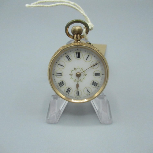 1218 - Swiss, late c19th 14ct gold cased ladies fob watch, enamel Roman dial in bright cut case with snap o... 