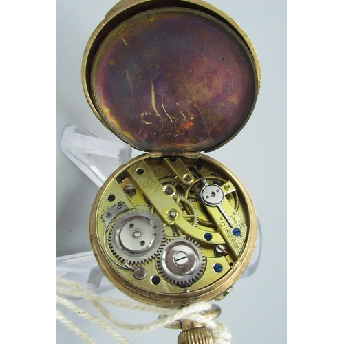 1218 - Swiss, late c19th 14ct gold cased ladies fob watch, enamel Roman dial in bright cut case with snap o... 