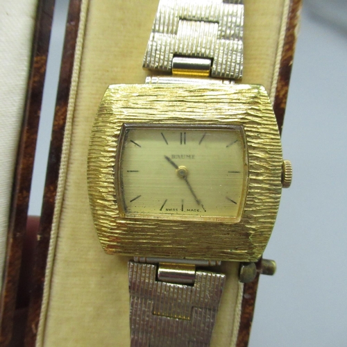 1221 - Baume ladies hand wound wristwatch, signed dial with baton hour indices, gold plated bark effect cus... 