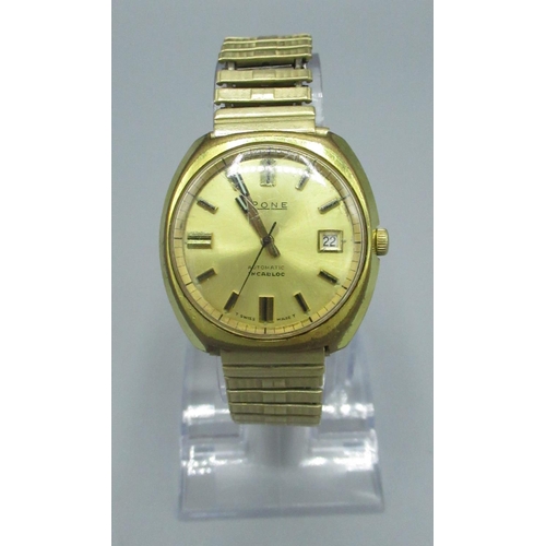 1417 - 1970s Rone automatic wristwatch with date, signed gold dial with applied hour indices, rolled gold p... 