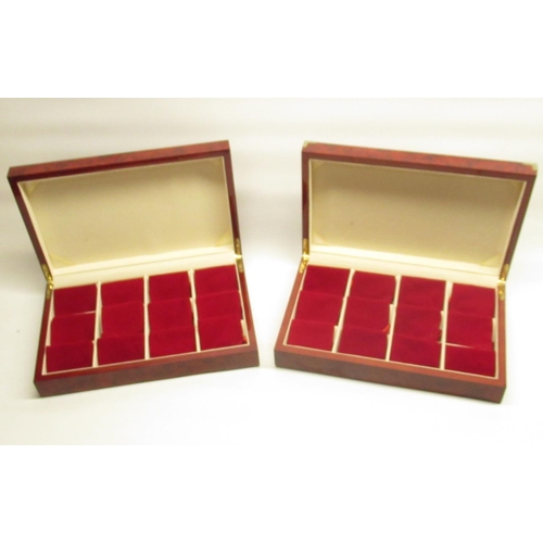 655 - Matched pair of burr walnut finish watch boxes respective measurements W35cm D22.3cm H7.2cm