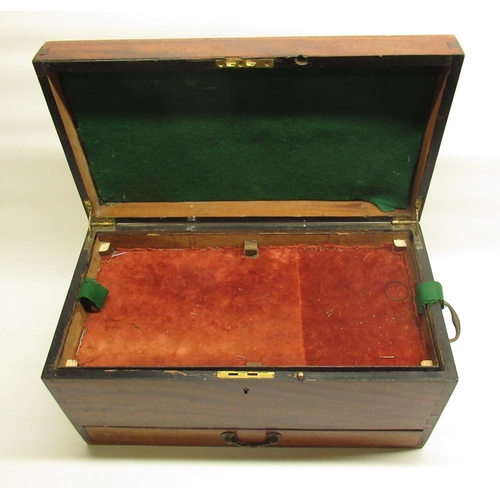 659 - Late Victorian mahogany campaign style box with swan neck drop handles, lift up lid with lift out ve... 