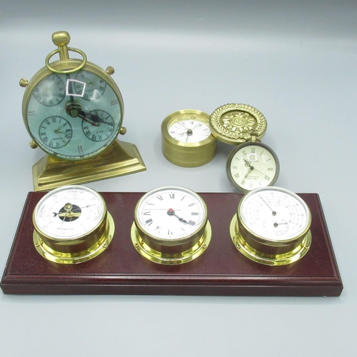 668 - C20th brass cased quartz ball desk clock set with multiple time zones, 8 day brass cased ball clock,... 