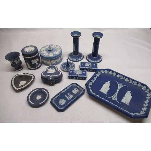 15 - Late C19th Wedgwood blue jasperware seven piece dressing table set decorated classical scenes, toget... 