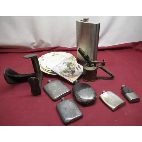 28 - Optimus No. 305 brass blow lamp, cobblers last, C19th hip flask, pewter hip flasks, set of three Roy... 